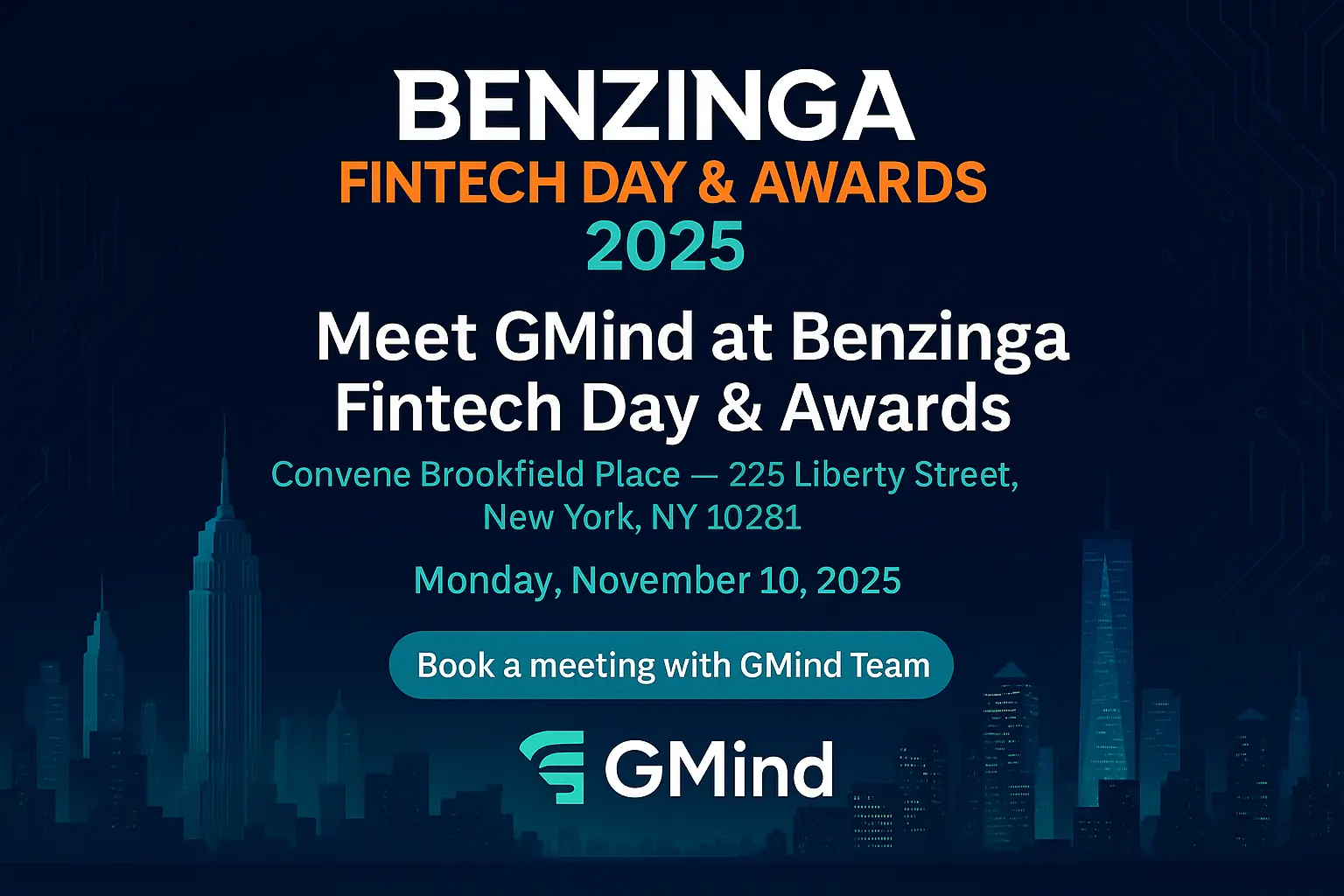 Benzinga Fintech Awards 2025 event banner featuring innovation in capital markets technology